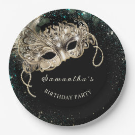 Plato De Papel Fiesta de Mascarada Personalizada Verde Esmeralda 