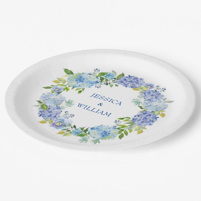 Plato De Papel Fiesta de matrimonio floral de Hydrangeas Blue Lig (Angular)