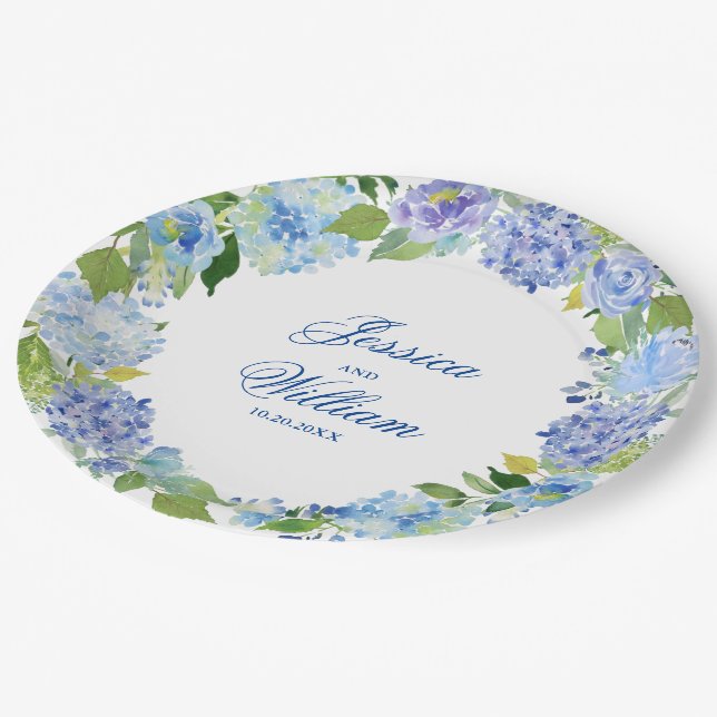 Plato De Papel Fiesta de matrimonio floral de Hydrangeas Blue Lig (Angular)