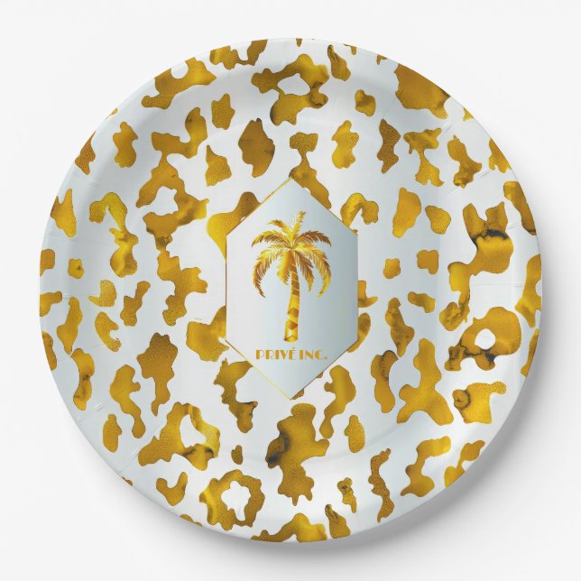 Plato De Papel Fiesta de Moda Luxe Gold Palm Safari (Anverso)
