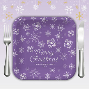 Plato De Papel Fiesta de Navidad Copos de Nieve Purpura