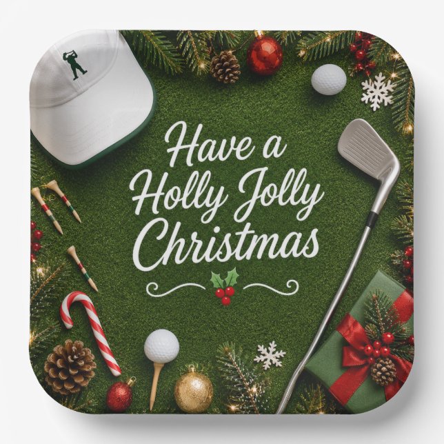 Plato De Papel Fiesta de Navidad de golf para golfista (Anverso)