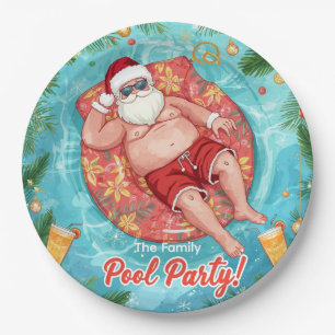 Plato De Papel Fiesta de Navidad en la Piscina con Santa Claus 