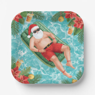 Plato De Papel Fiesta de Navidad en la Piscina con Santa Claus