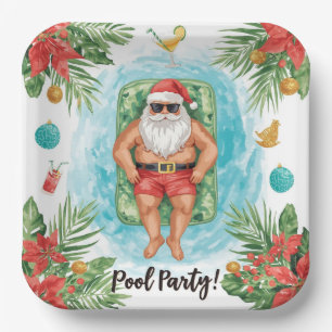 Plato De Papel Fiesta de Navidad en la Piscina con Santa Claus 
