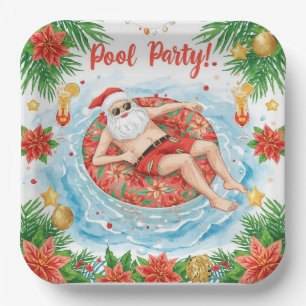 Plato De Papel Fiesta de Navidad en la Piscina con Santa Claus