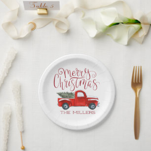 Plato De Papel Fiesta de Navidad Personalizada Camioneta Roja Vin
