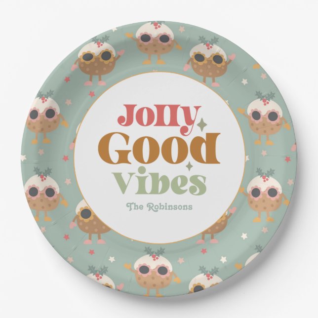 Plato De Papel Fiesta de Navidad Retro "Jolly Good Vibes" (Anverso)