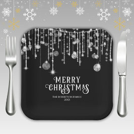 Plato De Papel Fiesta de Navidades de Black and White String Ligh