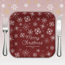 Plato De Papel Fiesta de Navidades de copos de nieve rojos