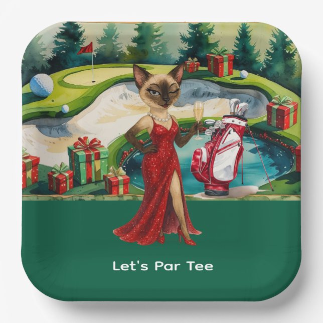 Plato De Papel Fiesta de Navidades de golf para una mujer golfer (Anverso)