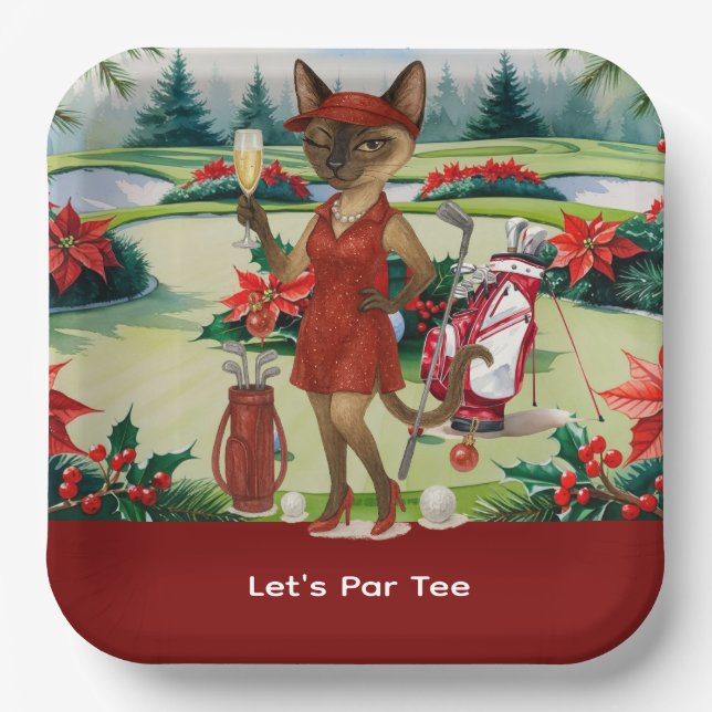 Plato De Papel Fiesta de Navidades de golf para una mujer golfer (Anverso)