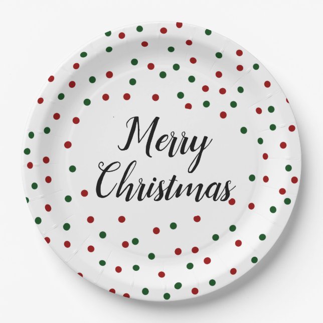 Plato De Papel Fiesta de Navidades de puntos rojos verdes (Anverso)