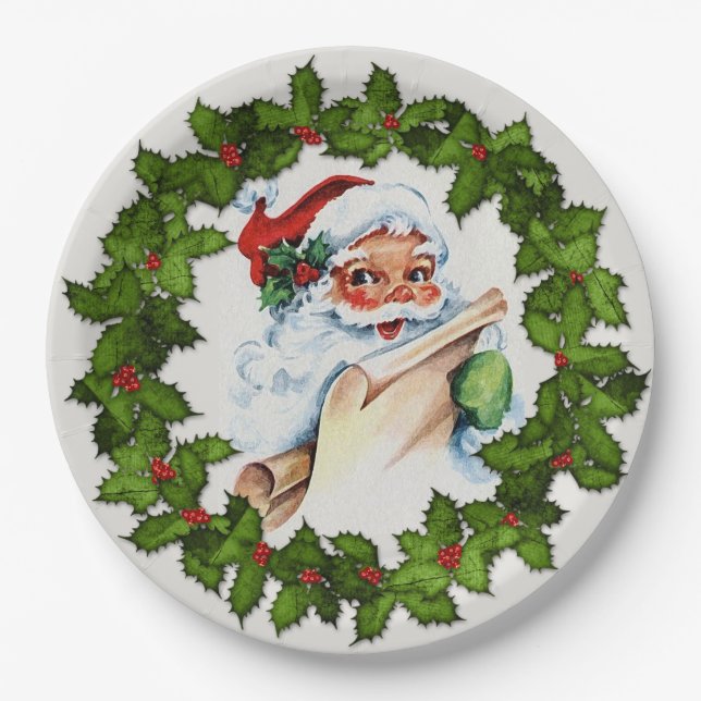 Plato De Papel Fiesta de Navidades de Santa Holly Wreath 9" (Anverso)