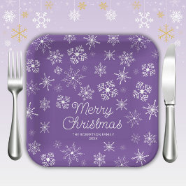 Plato De Papel Fiesta de Navidades Purple Snowflakes