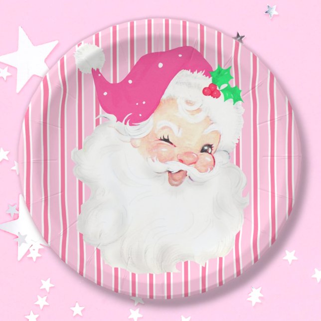 Plato De Papel Fiesta de Navidades Retro de Santa Wink Rosa Calie (Subido por el creador)