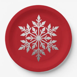 Plato De Papel Fiesta de Navidades Rojos Sólidos con copos de ni