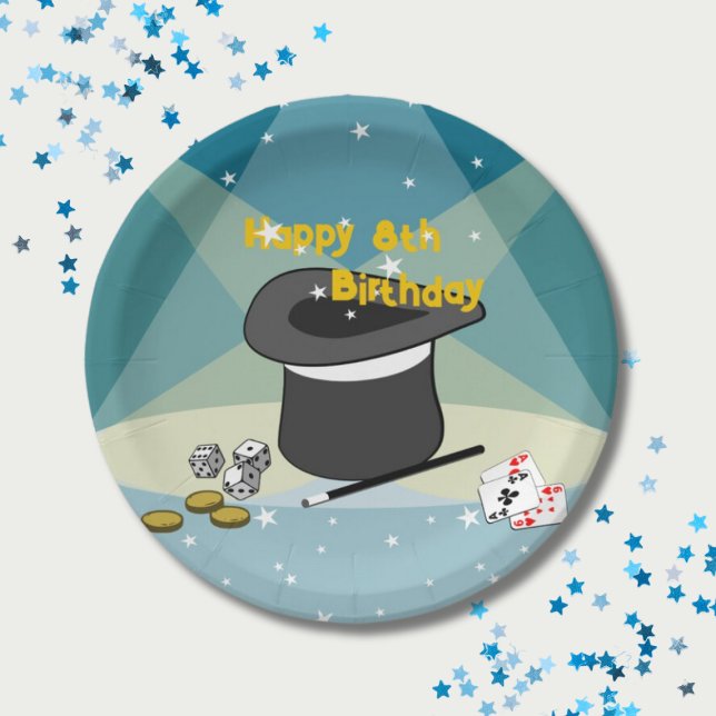 Plato De Papel Fiesta de Niños de 8 Años de Magic Show (Magic Show Happy 8th Birthday Kids Party Paper Plates)