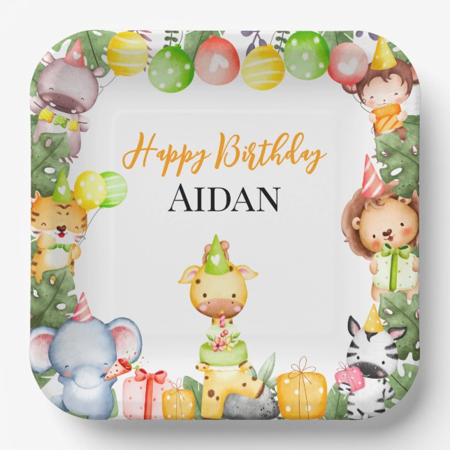 Plato De Papel Fiesta de Niños de Animales Safari (Anverso)