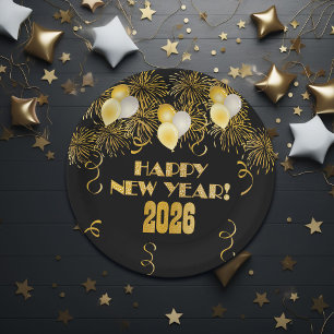 Plato De Papel Fiesta de Nochevieja 2026 Black Gold Glitter