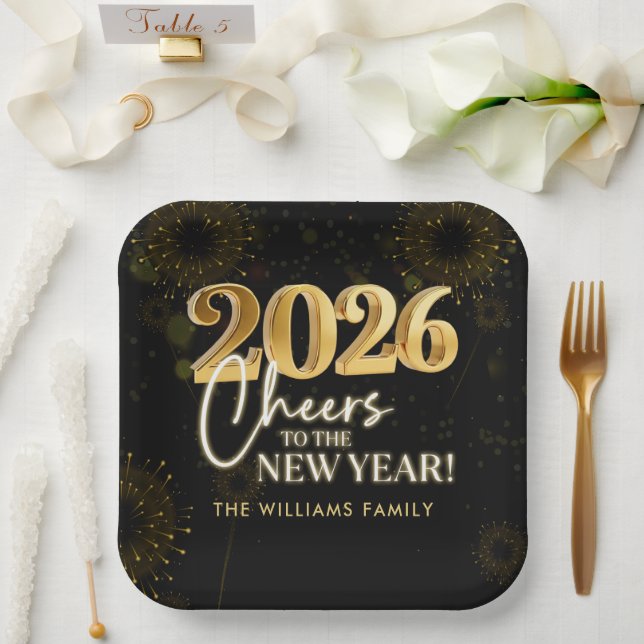 Plato De Papel Fiesta de Nochevieja Black Gold Cheers (Boda)