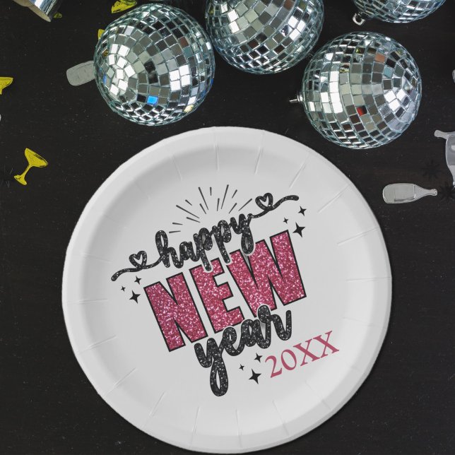 Plato De Papel Fiesta de Nochevieja Purpurinoso (Glittery Happy New Year Party Plate)