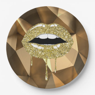 Plato De Papel Fiesta de Oro Lujo Glam Brillo Goteo Labios que Go