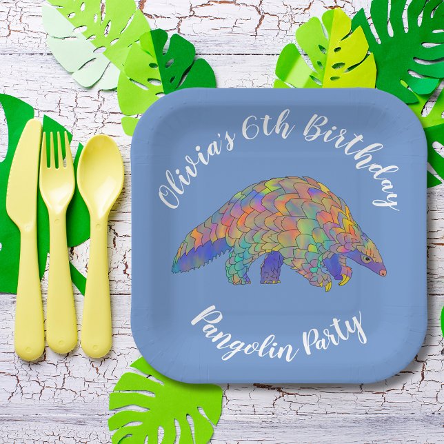 Plato De Papel Fiesta de Pangolín Azul (Cute pangolin 6th birthday party custom blue paper plate wildlife and nature party)