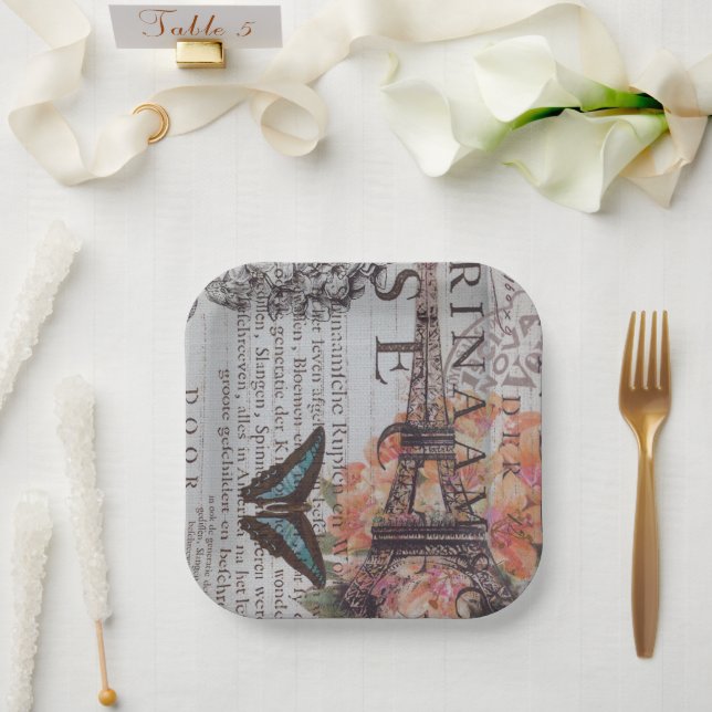 Plato De Papel Fiesta de París de la época Torre Eiffel Botánica  (Boda)