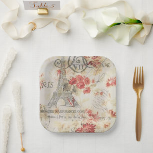 Plato De Papel Fiesta de París de la época Torre Eiffel Botánica 