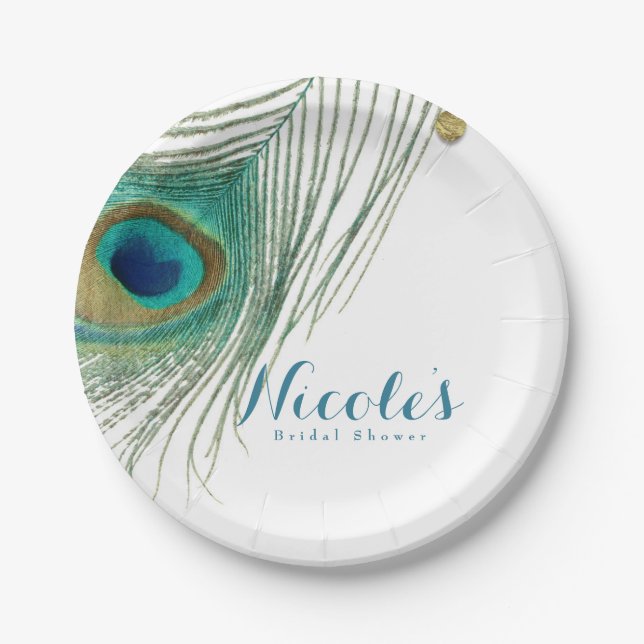 Plato De Papel Fiesta de Peacock Feathers & Gold Boho Glam (Anverso)