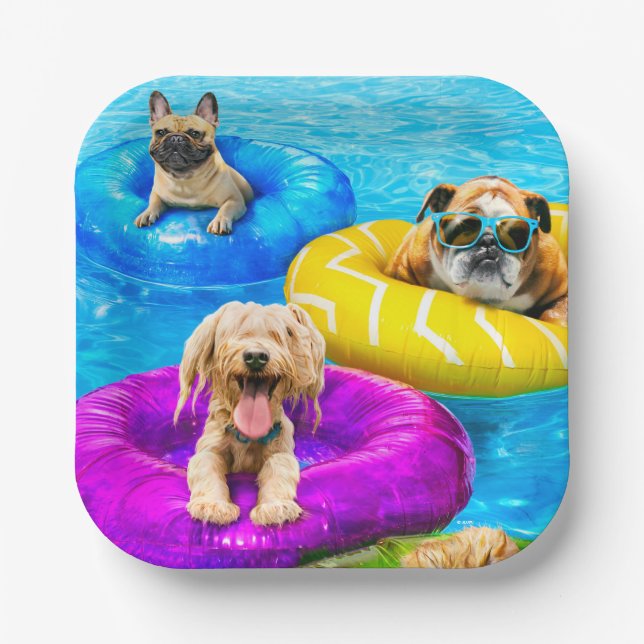Plato De Papel Fiesta de Perros en la Piscina (Anverso)