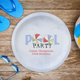 Plato De Papel Fiesta de piscina azul acuarela personalizada