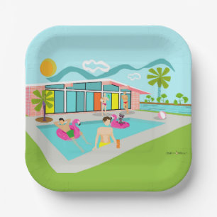 Plato De Papel Fiesta de piscina de flamenco rosa gay retro