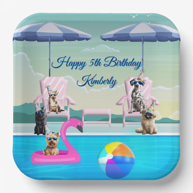 Plato De Papel Fiesta de Piscina para Perros Personalizada (Anverso)