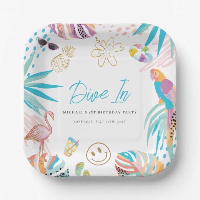 Plato De Papel Fiesta de piscina tropical Cumpleaños (Anverso)