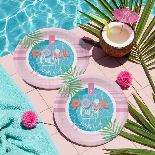 Plato De Papel Fiesta de piscina tropical de verano rosa y azul p (Tropical Pink & Blue Summer Birthday Pool Party Paper Plates)