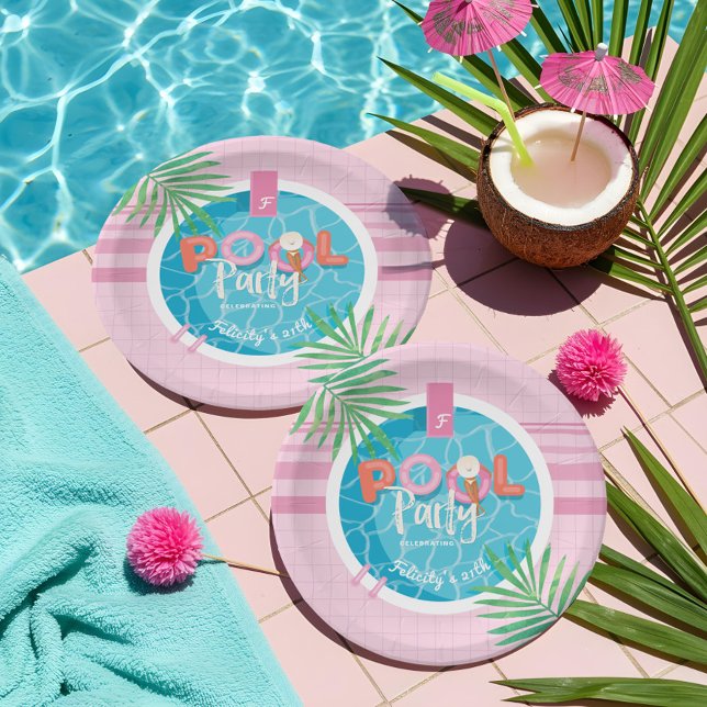Plato De Papel Fiesta de piscina tropical rosa y azul en verano (Fun Tropical Pink & Blue Summertime Pool Party Paper Plates)