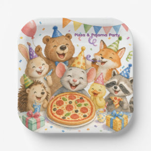Plato De Papel Fiesta de Pizza y Pijamas Animales Lindos