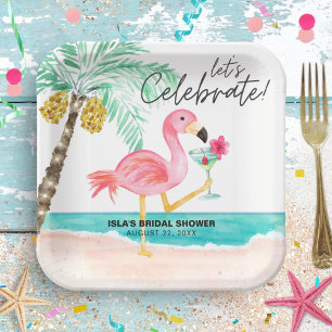 Plato De Papel Fiesta de Playa de Flamencos Tropicales para Despe