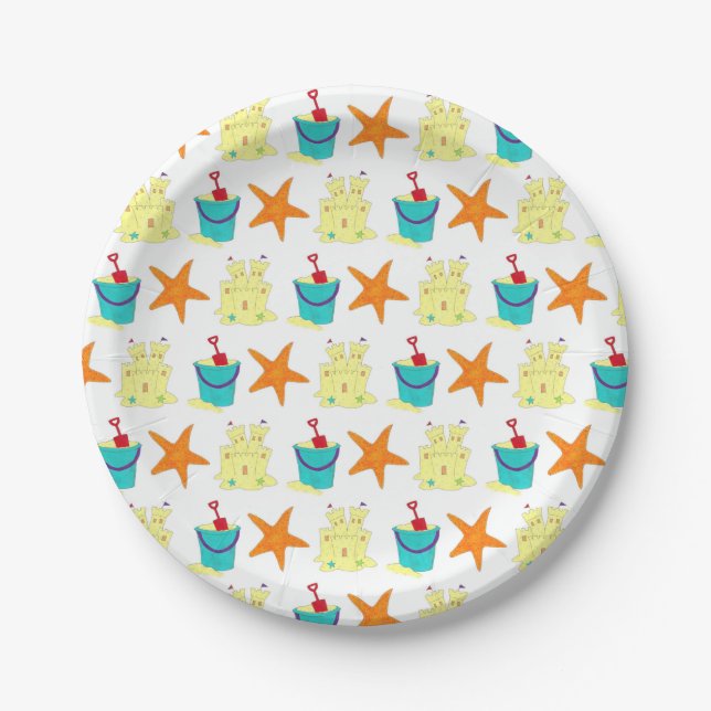 Plato De Papel Fiesta de playa Sandcastle Starfish Sand Bucket (Anverso)