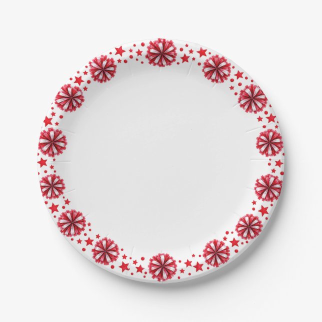 Plato De Papel Fiesta de Pom Poms Rojos (Anverso)