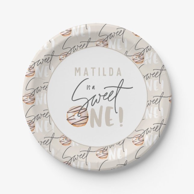 Plato De Papel Fiesta de primer cumpleaños de Donut dulce (Anverso)