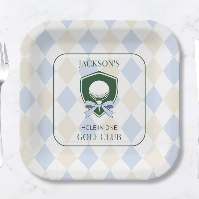 Plato De Papel Fiesta de primer cumpleaños de Golf Blue para chic (Personalized Boys Golf Blue First Birthday Party Paper Plates)