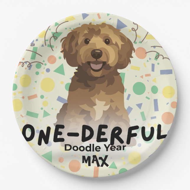 Plato De Papel Fiesta de Primer Cumpleaños del Goldendoodle Verde (Anverso)