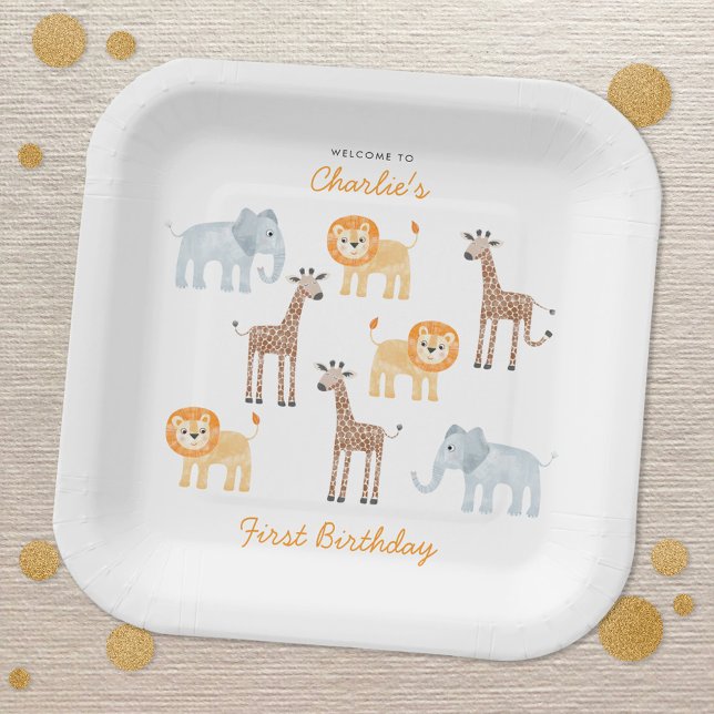 Plato De Papel Fiesta de primer cumpleaños personalizado de anima (Fun safari themed baby animal personalized first birthday party paper plates)