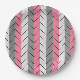 Plato De Papel Fiesta de rayas de chevron rosadas negras