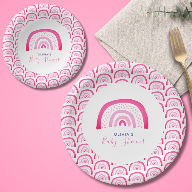 Plato De Papel Fiesta de revelación de bebé arcoíris rosa moderna (Modern pink rainbow baby shower paper plates & bowls.   Matching invitations & party range available)