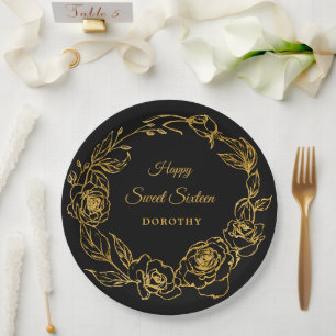 Plato De Papel Fiesta de Sweet 16 Luxe Rosa Dorada Floral Negro