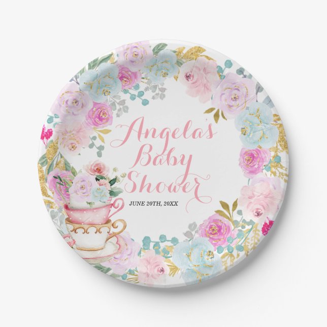 Plato De Papel Fiesta de té Baby Shower Pastel Flowers (Anverso)